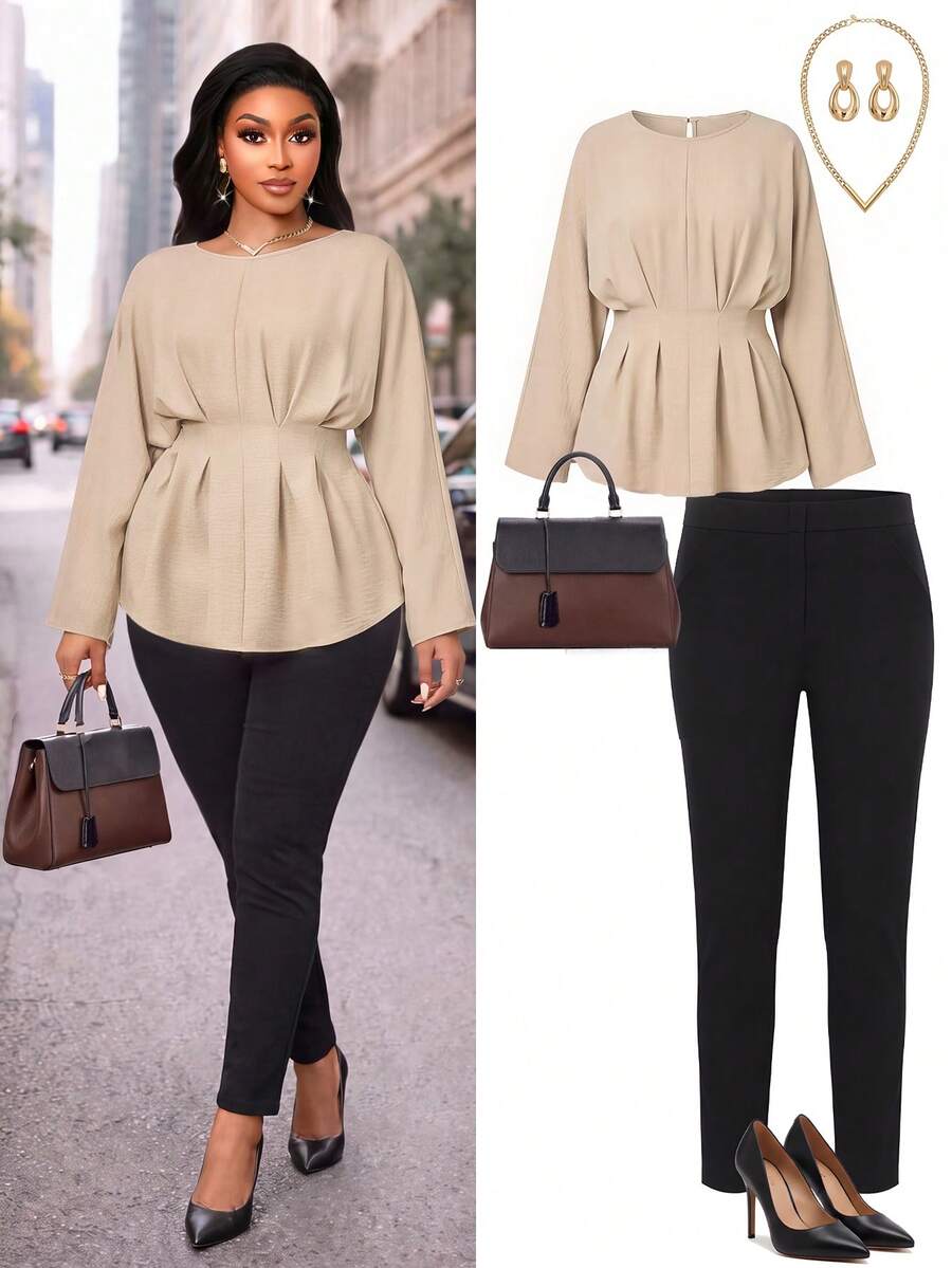 Plus Size Women's Woven Fabric Flared Hem Long Sleeve Blouse, Back Tie Design, Round Neck Slim Fit Top, Suitable For Autumn Wear - Light Khaki - View 1