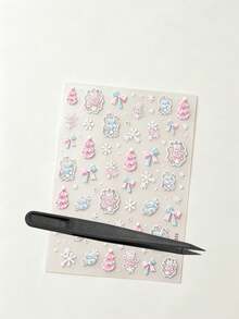 1Set, Metal Phone Stickers, Journaling Supplies, Scrapbook Stickers, Aesthetic Soft Pastel Christmas Themed Decorative Decals, Clear Die Cut, Pink Blue Tree Bow Snowflake Pattern, For Phone Surface, Laptop, Camera, Gift Package, Tablet Decor - Blue and Pink Bow - View 7