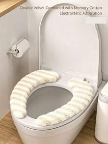 Portable Universal Self-Adhesive Toilet Seat Cushion, Soft Washable Thick Striped Plush Fabric Seat Pad, Soft And Warm, Suitable For Autumn/Winter Use, Bathroom Accessory For Home, Hotel And Public Restrooms - Multicolor - View 2