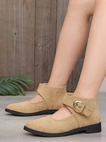 Women's Elegant Suede Pointed Toe Ankle Boots With Metal Buckle Strap Design, Flat Non-Slip Vintage Style Casual Ankle Boots For Daily Wear - Khaki - View 3
