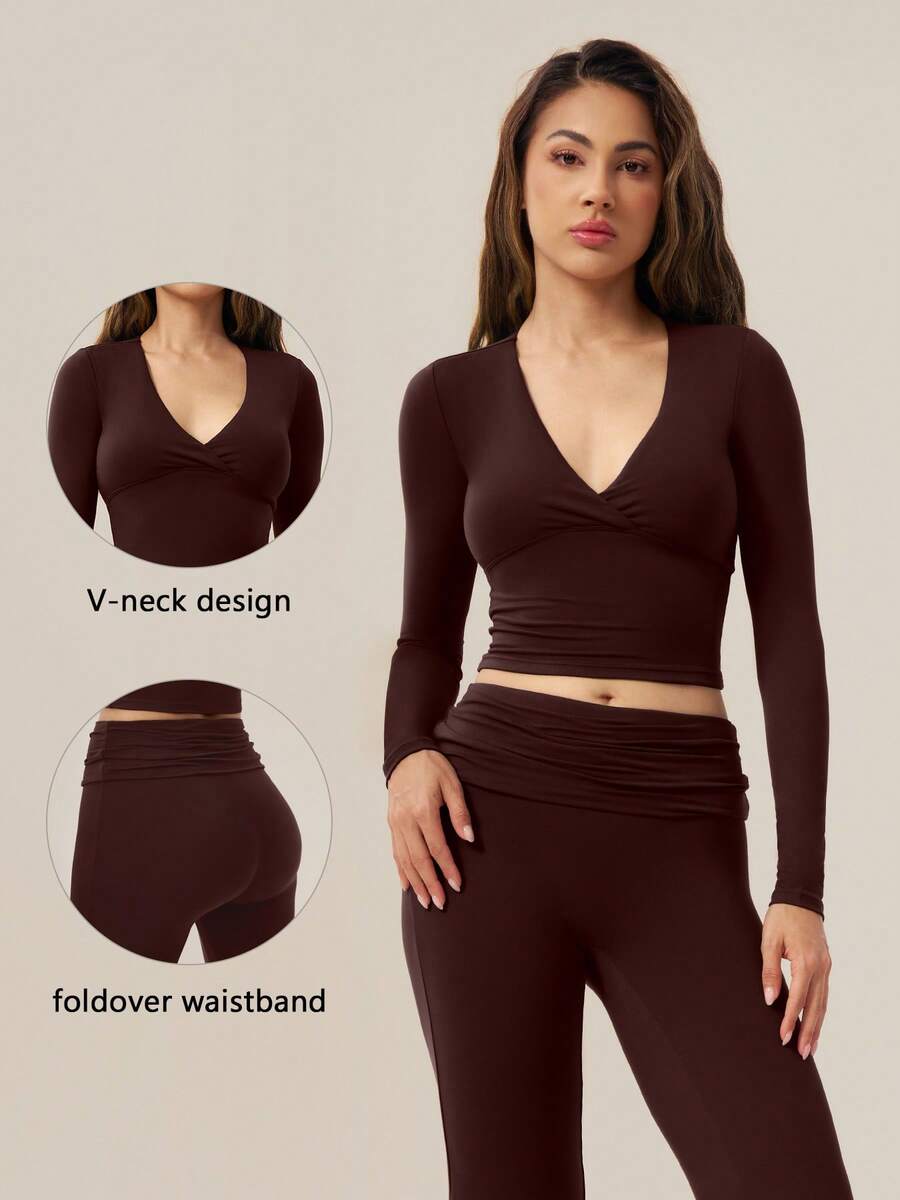 TimeOff Women's One Set Solid Color Deep V-Neck Front Twist Long Sleeve Fold Waist Flared Pants Sports Outfit - Coffee Brown - View 1