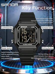 SANDA 6380 Men's Digital Sports Watch, Rubber & Steel Strap, Multifunction Outdoor Alarm Chrono Waterproof LED Dual Time Wristwatch - One Size Fits All - View 5