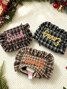 Custom Plaid Ruffle Makeup Bag, Custom Handmade Embroidered Name Storage Bag, Holiday Travel Makeup Bag, Personalized Christmas Gift For Her - Multicolor - View 4