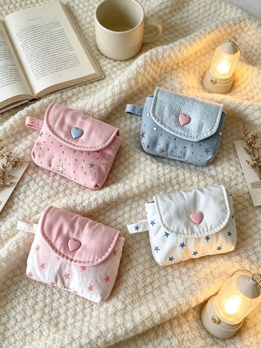 1pc Aesthetic Pastel Fabric Wireless Earphone Protective Case With Star Sequin Pattern And Heart-Shaped Snap Button, Mini Earphone Storage Bag, Portable Key Coin Purse Organizer, Suitable For College, Office, Daily Use, All Seasons
