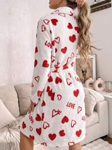 Women's Fleece Lined Red & White Heart LOVE Letter Print Tie Neck Robe, Flannel Loungewear Robe, Fleece Robe - Multicolor - View 2