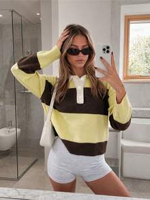 Spring/Autumn Multi-Color Contrast Lapel Long Sleeve Half-Button Cardigan Sweater - Brown and Yellow - View 4