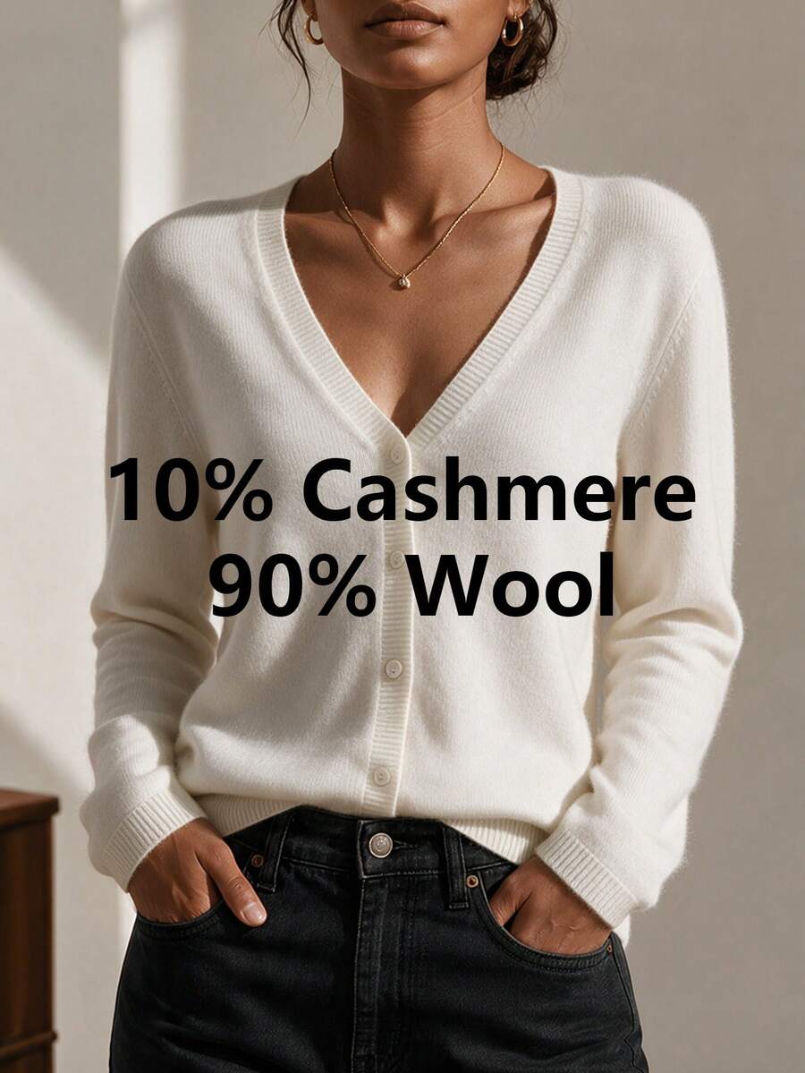 HEYMINI Women's New Solid Color Soft Wool Cardigan, Gentle Style Comfortable Basic Long Sleeve Knit Top, Suitable For Autumn/Winter Wear - Cream - View 1