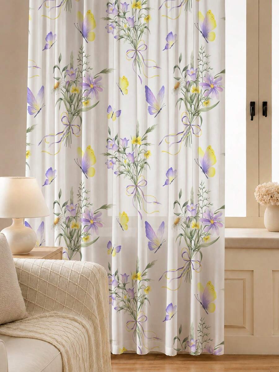 2PCS Purple Floral Butterfly Print High Density Mesh Curtains, Watercolor Light Filtering Rod Pocket Panels - Navy Blue - View 1
