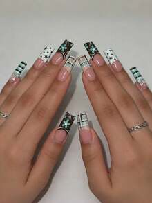 Fall Nails Y2k Nails Long-Style French-Inspired Floral Check Pattern Press On Nalls - Multicolor - View 7