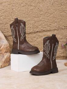 Girls' Vintage Playful Brown Side Zipper Western Boots With Wing-Shaped Line Pattern, Suitable For Holiday Outings And Autumn/Winter Outfits - Brown - View 1