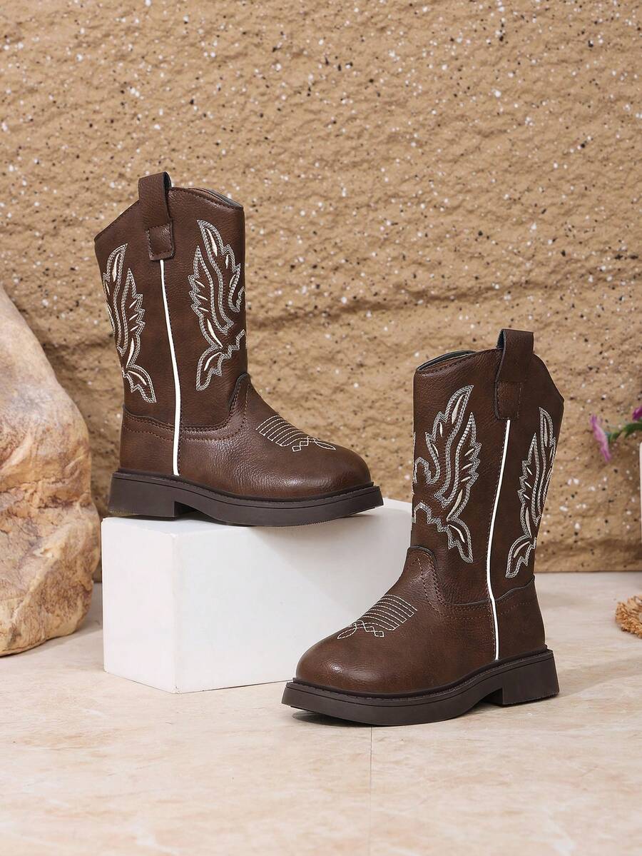 Girls' Vintage Playful Brown Side Zipper Western Boots With Wing-Shaped Line Pattern, Suitable For Holiday Outings And Autumn/Winter Outfits - Brown - View 1