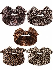 5/1pc Women Large Bow Knotted Turban Headwrap, Mixed Leopard Pattern Soft Stretch Wide Headband, Boho Hair Band For Washing Face, Party & Travel - Multicolor - View 9