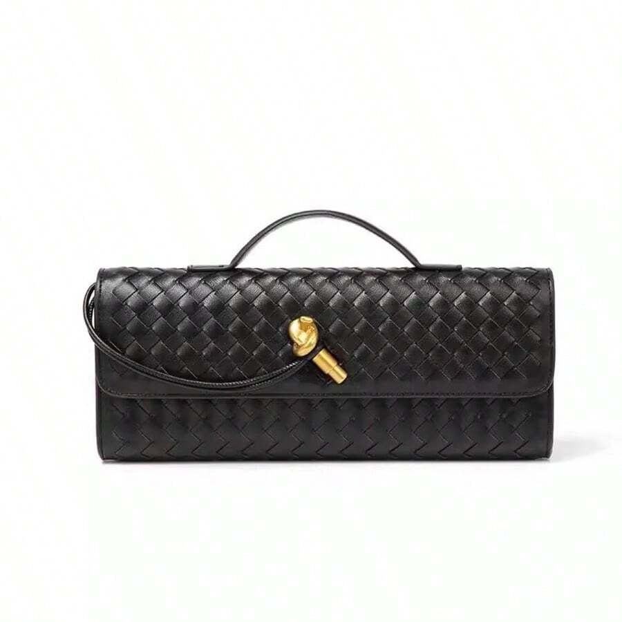 Tas Clutch Wanita Anyaman Emas, Tas Selempang Kecil dengan Pegangan Atas dan Kunci Putar, Cocok untuk Pesta Malam - Beraneka warna - View 1
