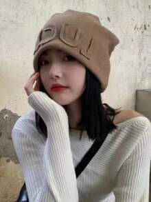 Autumn/Winter Korean Style Letter Print Slouchy Beanie Hat For Women, Ear-Covering Headwrap, Large Head Circumference, Vintage Knit Hat - Multicolor - View 8