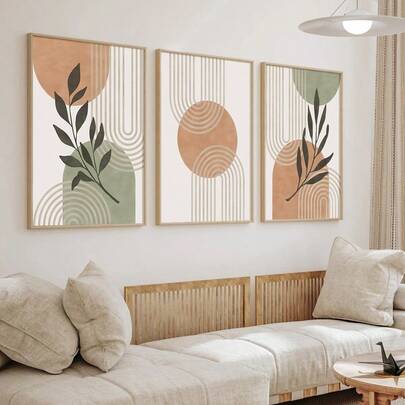 3Pcs Boho Abstract Geometric Canvas Wall Art, Neutral Earth Tone Arch Line Botanical Prints, Mid Century Modern Poster For Living Room Bedroom, Home Decoration, Posters & Prints, Frameless