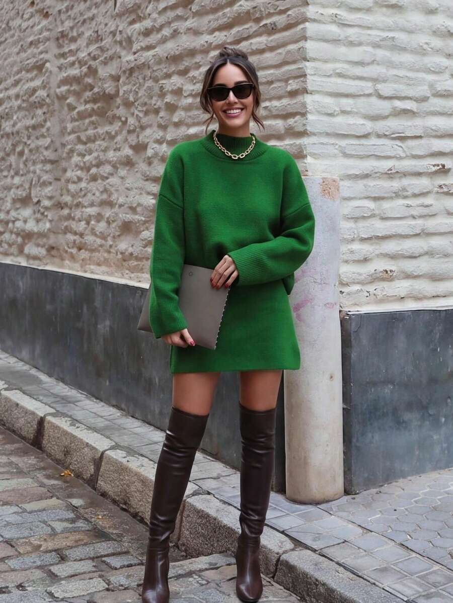 Lazy Street Style Knit Set, Half-High Neck Drop Shoulder Short Sweater + Elastic Waist Mini Skirt, Soft Casual Autumn/Winter Women's Matching Outfit - Green - View 1