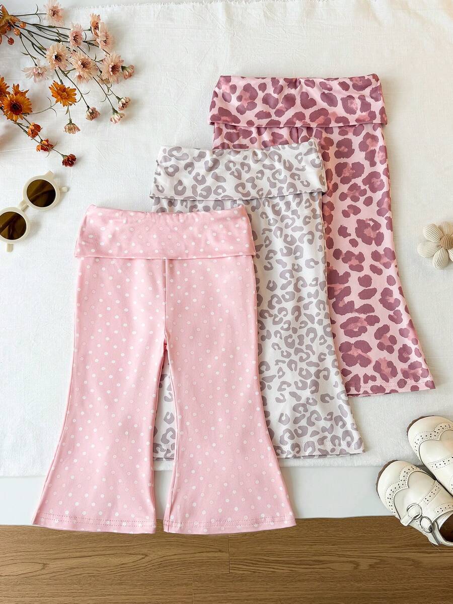 3pcs/Set Baby Girl Leopard Print Polka Dot Flared Leggings, Casual Outdoor, Autumn - Pink - View 1