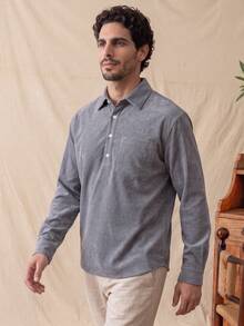 glestore Men's Vintage Corduroy Long Sleeve Button-Down Shirt, Suitable For All Seasons, Casual & Fashionable - Grey - View 5