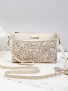 Women's Boho Crochet Floral Crossbody Bag, 2-In-1 Lightweight Faux Leather Clutch Purse With Wristlet, Zip Closure, Adjustable Strap For Summer Travel - Apricot - View 12