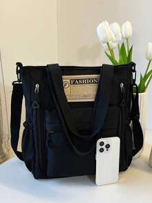 時尚休閒字母印花大容量托特包 斜肩包 適合大學/教室/通勤/假日/度假/女性風格 - 黑色 - 查看 4