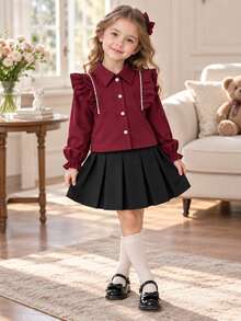 Girls Burgundy Collared Ruffle Trim Rhinestone Long Sleeve Blouse + Black Pleated Mini Skirt 2-Piece Set, Preppy Style - Burgundy - View 2