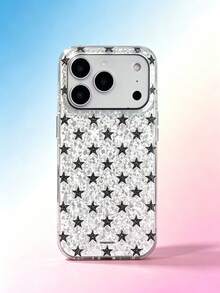 1PC Shiny Silver Rhinestone Black Star Phone Case, Ins Style Premium Transparent Soft Shell Full Coverage Lens Protection Anti-Drop, Compatible With Apple 17Pro/17/17ProMax/16/16Pro/16Plus/16ProMax/15ProMax/13/14/12/Phone Protective Cover - Silver Black - View 1
