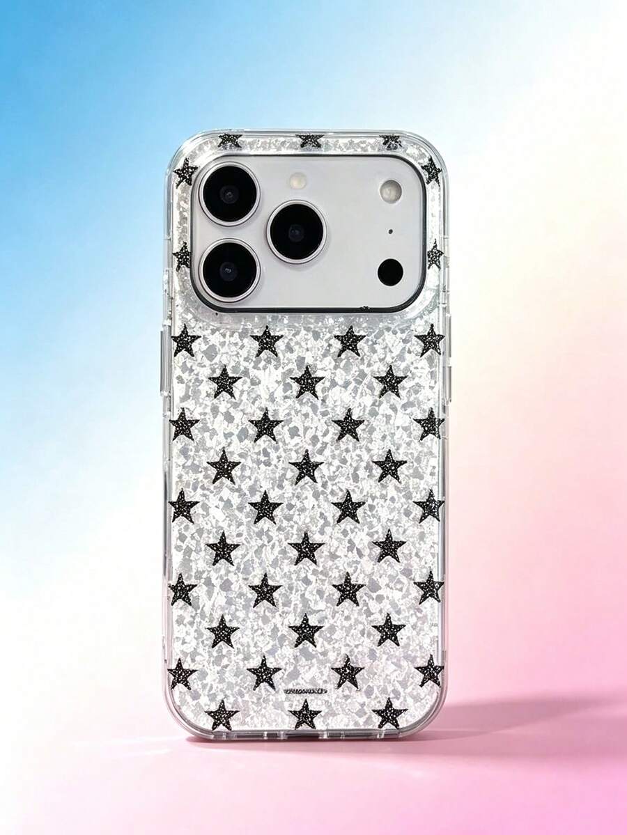 1PC Shiny Silver Rhinestone Black Star Phone Case, Ins Style Premium Transparent Soft Shell Full Coverage Lens Protection Anti-Drop, Compatible With Apple 17Pro/17/17ProMax/16/16Pro/16Plus/16ProMax/15ProMax/13/14/12/Phone Protective Cover - Silver Black - View 1