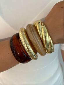 4pcs/Set Stackable Fashion Minimalist Elegant Exquisite Vintage Design Brown Resin Asymmetrical Marbled Pattern Geometric Ribbon Textured CCB Metal Style Chunky Oversized Bangles Set, Holiday Vacation Party Date Gift, Daily Commute Wear, Personalized - Multicolor - View 4