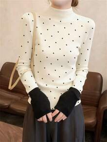 女款基礎色塊極簡薄款高領套頭毛衣，秋冬日常通勤辦公長袖上衣 - 杏色波點 - 查看 4
