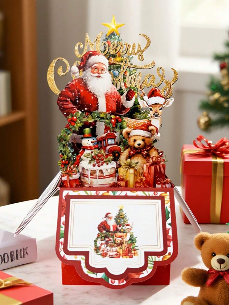 2pcs Christmas Greeting Cards 3D Pop-Up Santa Claus Decorative Cards - Multicolor - View 1