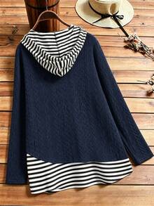 Women's Plus Size Hooded Sweatshirt, Striped Hem, Drawstring Design, Regular Length Quilted Pullover, Long Sleeve Casual Top, Suitable For Autumn Wear - Navy Blue - View 4