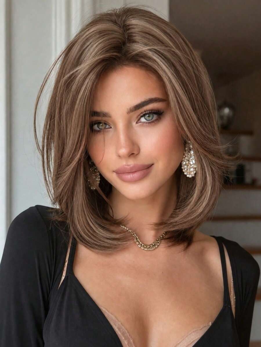 12 Inch Light Brown Highlighted Synthetic Full Wig, Inverted Bob Style, Textured Side Part Face-Framing, Ready To Wear, Realistic Hairline, Premium Fiber, Matte Texture, Tangle-Resistant, Beginner-Friendly, Breathable, Suitable For Daily Wear, Nightclub Parties, Halloween Costume, Holiday Gift
