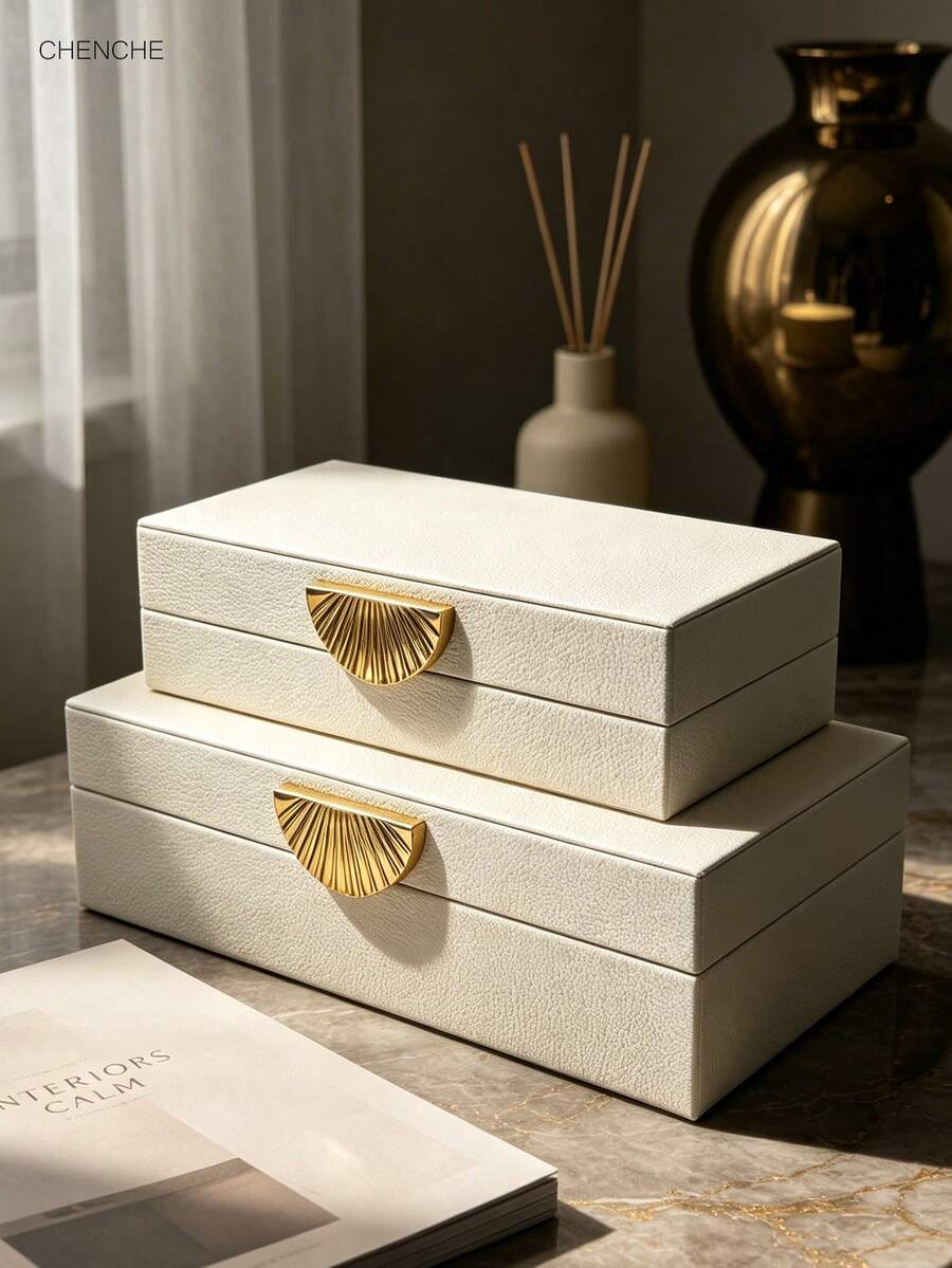 2pcs/Set S & L Size Cream Litchi Grain PU Leather Jewelry Box With Lid, Gold Electroplated Shell-Shaped Zinc Alloy Handle, Velvet Lining Rectangular Organizer Box, Modern Luxury Vanity Bedroom Decor Holiday Gift - Black - View 1