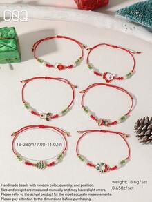OOQ 6pcs/Set Colorful Beaded Multi-Layer Stackable Bracelet Set, Red & Green Beaded Cartoon Santa Claus, Reindeer, Snowflake With Rhinestone Inlay Women's Bracelet, Christmas Party Holiday Gift - Multicolor - View 5