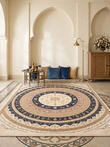 1PC Round Floral Pattern Faux Cashmere Machine Washable Area Rug, European Classical Palace Style Vintage Luxury Soft Rectangular Carpet, Living Room Bedroom Home Decor, All Season Use, Aesthetic Home Decoration - Multicolor - View 2