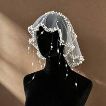 Elegant Pearl Beaded Bridal Veil Soft Tulle Short Wedding Veil With Dangling Tassel Edge Romantic Bride Headpiece Photo Accessories - Off White - View 8