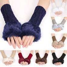 1 Pair Women's Coffee Color Short Fingerless Knit Gloves, Winter Warm & Fashionable - Multicolor - View 6