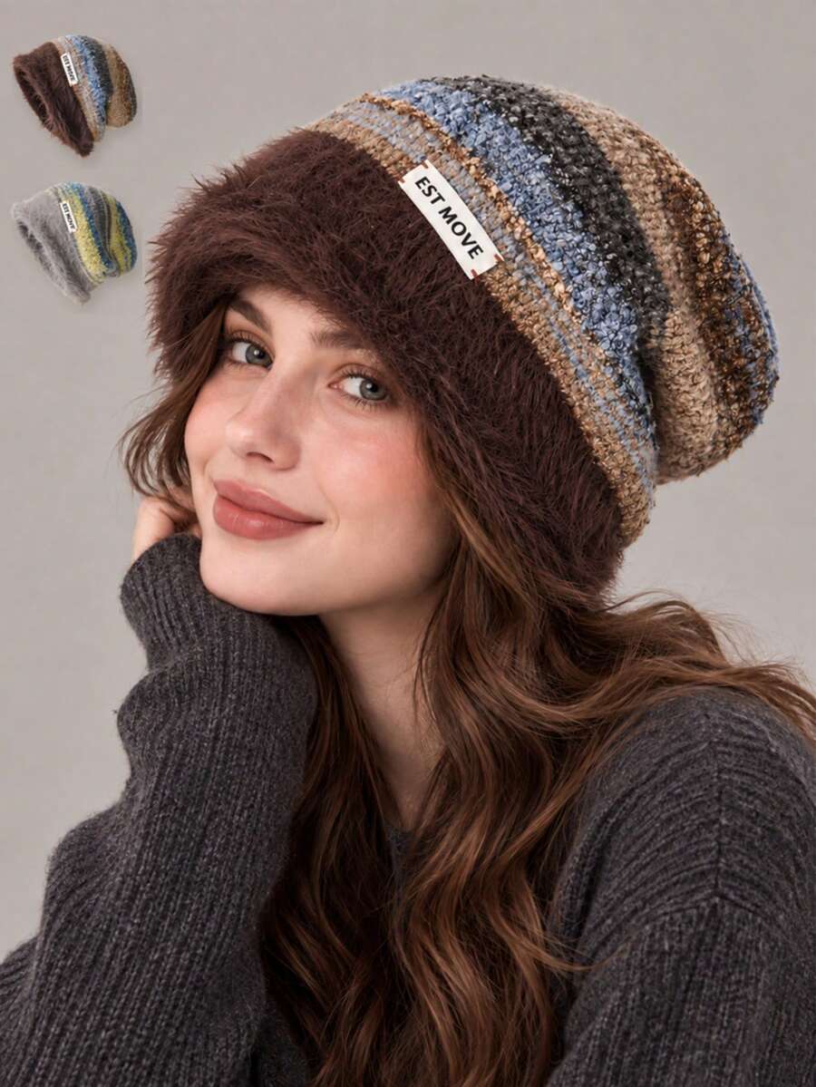 Women's Multi-Color Striped Loose Knit Beanie, Soft & Warm Winter Casual Street Style Headwear - Hat - View 1