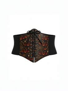 1pc Halloween Devil Pumpkin Skull Random Pattern Print Elastic Waistband For Women, Sweet & Cool Fun Style Slimming Waist Belt, Party Decoration Accessory - Black Pumpkin Skull - View 8