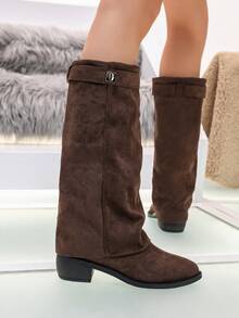 Women's Vintage Ruched Western Tall Boots, Metal Buckle Decor Low Heel Faux Suede High Shaft Cowboy Boots - Brown - View 5