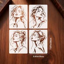 4pcs Women Portrait Stencils, Washable & Reusable Abstract Line Art Women Templates, Suitable For Canvas, Fabric, Tote Bags, Pillows & DIY Crafts - A - View 2