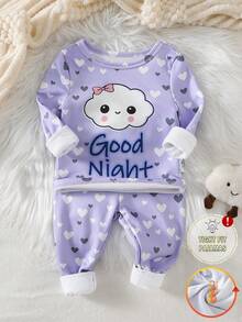Infant & Baby GirlRound Neck Long Sleeve Long Pants Thermal Lined 2 Pieces Set, Light Purple All-Over Heart, Cute Bow, Cloud, GoodNight Cartoon Print Pajamas, Fitted, Snug, Stretchy - Multicolor - View 2