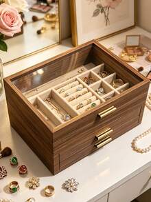 3-Layer Large Capacity Wooden Jewelry Storage Box With Lock, Portable Jewelry Box, Jewelry Storage Box With Drawers For Vanity - Multicolor - View 6