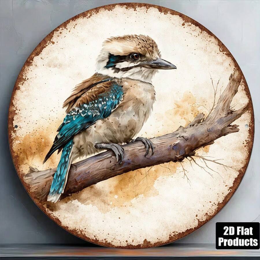 1pc 8*8in/20x20cm 2D Flat Round Sign, Vintage Plaque With Laughing Kookaburra, Australian Bird Decor, Suitable For Bar Decor, Cafe Decor, Home Decor Or Gift (Random Style) - A - View 1