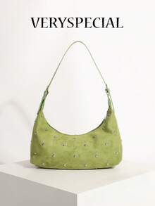 1pc Green Premium Fashion Suede Texture Crescent Bag, Double-Sided Rivet Decor, Underarm Bag, Suitable For Daily Commute, Shopping, Dating - Green - View 8