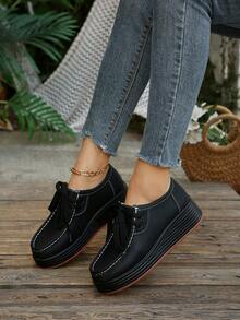 Women's Wedge Heel Thick Sole Loafers, Retro Leather Upper, Versatile Round Toe Front Lace-Up Casual Sneakers, Solid Color - Black - View 3