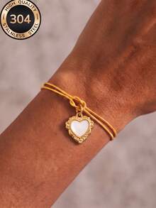 1pc Women's Golden Heart Charm Bracelet, Embossed Pattern Adjustable Double Cord Wrist Accessory - Gold - View 10