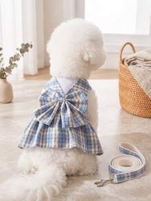 1pc Plaid Dog Dress Harness & Leash Set, Cute Bow Princess Style Pet Dress, Adjustable Breathable Harness, Suitable For Puppies, Small Dogs And Cats, Pet Walking Set - Multicolor - View 9