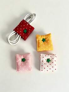 Korean Ins Style Double-Sided Polka Dot Fabric Cable Organizer, Tomato Color Star Button Data Cable Storage Clip, Cute Fabric Cord Winder, Charging Cable Management Organizer, Desktop Storage Accessory - Multicolor - View 8