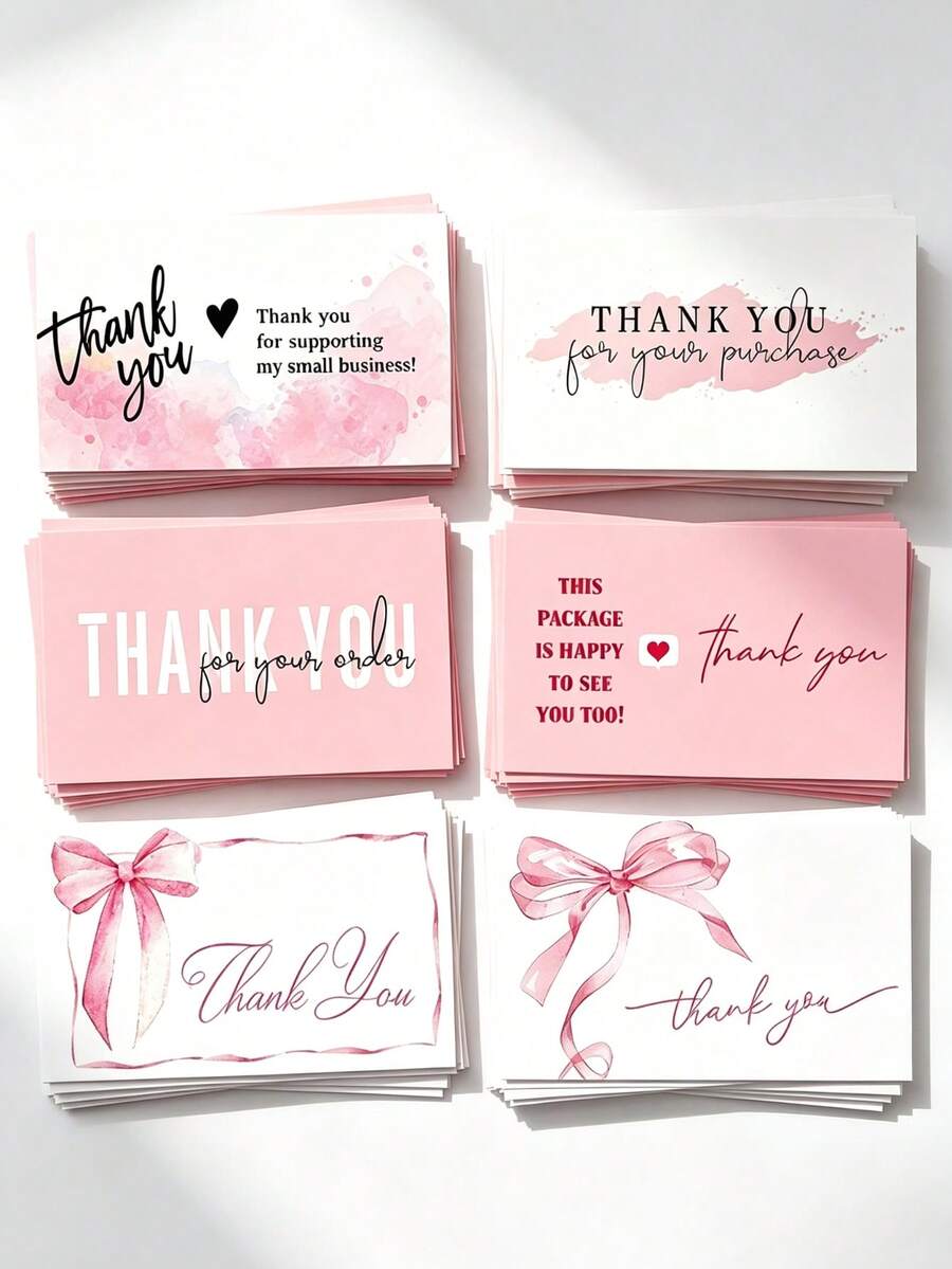 20/50Pcs Pink Watercolor Thank You Cards, 6 Styles Available Bow Design Small Business Package Insert Cards, Thank You For Your Order Cards For Retail Packaging - Sets - View 1
